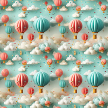 Seamless Pattern Of Vibrant Pink And Blue Hot Air Balloons Flying In The Sky Among Clouds. Baby Shower. Kid Background