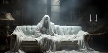 Mysterious Ghost, Poltergeist Sitting On Sofa In Dark Room. Halloween, Spooky Season. Ai Generated