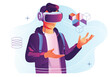 © ckybe - A young man moving objects around using a virtual reality VR augmented reality AR headset. Vector illustration. People.