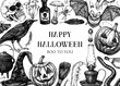Vintage Halloween frame design. Hand drawn vector illustrations. Skull, bones, Halloween pumpkin, poisonous mushrooms, snakes, raven witch sketches. Halloween party invitation, card template, banner