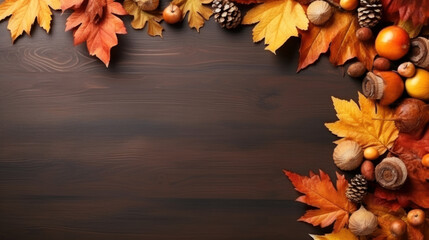 Sticker - autumn leaves on wooden background, with empty space for text, product. Generative ai