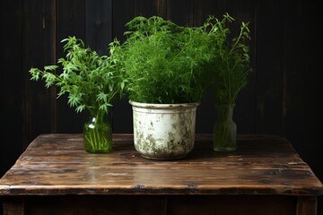 Sticker - herbs on a table. wooden table with plant in a vase. Generative Ai