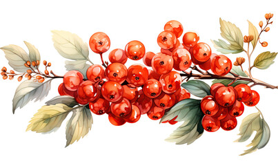 Drawn branch with red berries, on a white background.