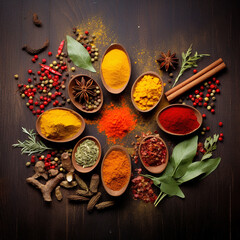 Wall Mural - Various colorful herbs and spices on a dark background