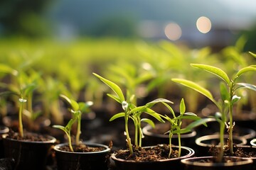 Wall Mural - green rows of sprouted plant,  corn on a private agricultural field. Generative Ai