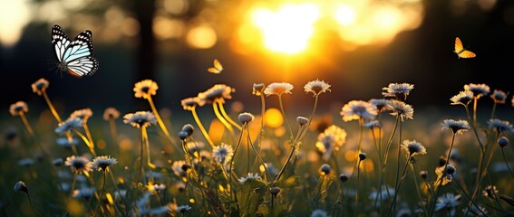 Wall Mural - meadow with dandelions, flowers and butterflies. Generative Ai