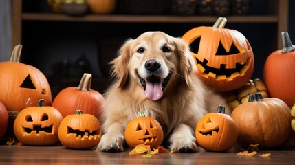 Wall Mural - Playful Golden retriever surrounded by pumpkin, Halloween, Pumpkin, Halloween pet . Generative Ai