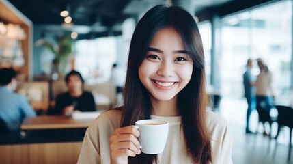 Poster - Smiling girl holding a cup of coffee, coffee banner, background, International Coffee Day. Generative Ai