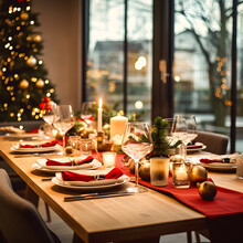 Table Setting For A Christmas Dinner, With A Christmas Tree, Christmas Colors And Soft Lights. 