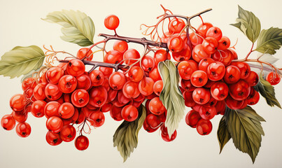 Drawn branch with red berries, on a white background.