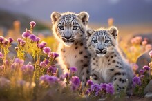 Two Young Snow Leopards In A Wildflowers Field