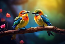 Two Colorful Birds Are Sitting On Branch, Colorful Blurry Background