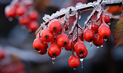 Frozen red berries on a branch, on a blurred background.