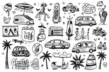 doodle travel icons set