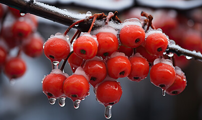 frozen red berries on a branch, on a blurred background.