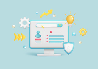 Realistic 3d computer with personal resume document, search bar, magnifying glass, light bulb, shield protected icon. Cartoon 3d hr job search application. Vector illustration on blue background