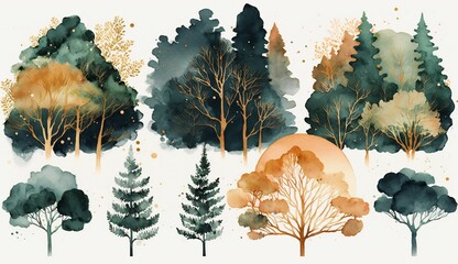 Wall Mural - green trees set, watercolor style generative ai