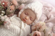© Ai Studio - Newborn in lovely knitted clothes sleeps on soft bed with pink flowers and blanket.