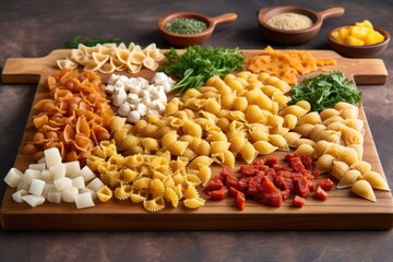 Wall Mural - variety of pasta shapes side by side on a board