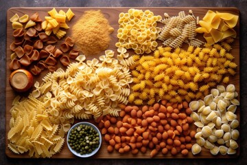 Wall Mural - variety of pasta shapes side by side on a board
