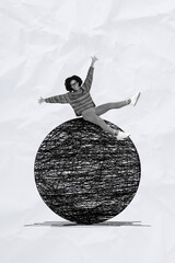 Wall Mural - Vertical collage picture of excited positive mini black white colors girl raise hands sit top huge painted ball isolated on paper grey background