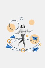 Sticker - Vertical collage image of black white effect excited girl jump run flying paper planes connection isolated on painted background