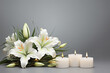 Funeral banner design featuring burning candles and white lilies on a grey background