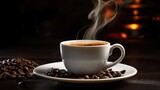 Fototapeta  - International Coffee Day. An image of a fragrant cup of coffee with scattered roasted beans on the table.