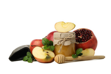 Wall Mural - PNG, apples, pomegranate, jar of honey and horn, isolated on white background