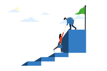 Wall Mural - Concept of Mentor or business leader helping coworker to succeed and achieve goals achieve target, guide career success, business leader help people to reach target at top of ladder.