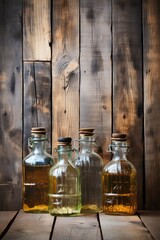 Wall Mural - A group of four glass bottles with alcohol drinks sitting on top of a wooden table. Generative AI image.