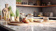 © Рика Тс - kitchen counter with cooking ingredients and utensils. Copy space. Banner.