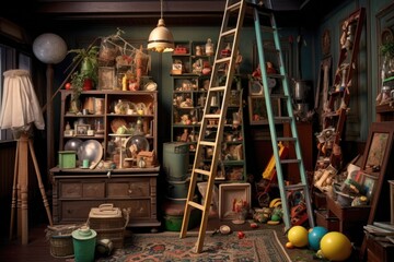 ladder surrounded by scattered attic storage boxes and trinkets