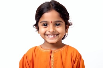 Wall Mural - Medium shot portrait of an Indian child female wearing salwar kameez against a white background