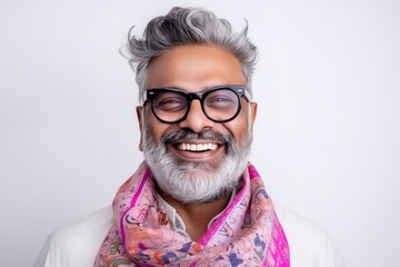 Wall Mural - Medium shot portrait of an Indian man in his 50s wearing a foulard against a white background