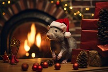 Cute Rat Or Mouse. Animals With Christmas Hat In The Living Room In Front Of The Fireplace. Christmas Cozy Room, Warmly Decorated For Advent And Christmas