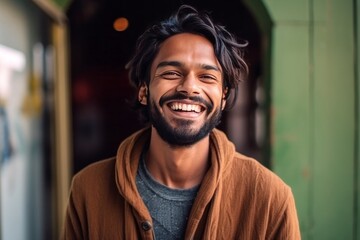 Wall Mural - Portrait of handsome Indian man laughing and looking at camera in cafe