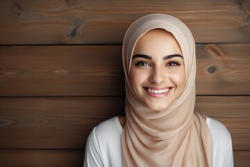 Happiness Arab Girl In A Beige Tank Top On Wooden Plank Background. Joy Of Selflove, Embracing Identity, Ethnic Representation In Media, Creating A Safe Space