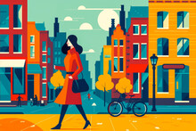 Vibrant Depiction Of A Female Tourist Exploring Amsterdam's Streets, Her Enjoyment Captured In A Colorful Flat Design Illustration.