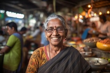 Wall Mural - Portrait of a smiling senior woman at the local market in India