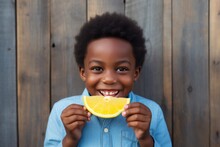 Surprise African Boy Holds And Eats Lemonade On Wooden Plank Background . Сoncept Summer Refreshment Ideas, African Culture And Customs, Surprising Experiences, Nontraditional Photo Shoots