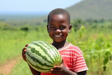 Surprise African Boy Holds And Eats Watermelon On Nature Landscape Background . Сoncept Surprises In Nature, Eating Watermelons Outside, African Culture, Outdoor Landscapes