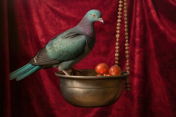 Wall Mural - pigeon drinking water from a hanging bowl