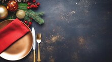 Christmas Banner Dinner Table Setting Frame With Empty Plate, Cutlery, Christmas Toys And Fir Tree. Winter Holidays Background