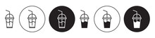 Milk Shake Icon Set. Smoothie Glass With Cream Vector Symbol In Black.