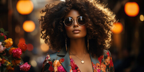 Stylish Afro Woman in Blazer with Colorful Flowers: A photo of a stylish afro woman wearing a blazer with colorful flowers, symbolizing the beauty and diversity of women.