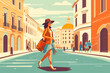 Vibrant depiction of a woman tourist exploring Rome's charming streets in a creative flat design style.
