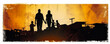 Emotive abstract silhouette of impoverished family, subtly overlaid with a translucent slum landscape on white. Ideal banner with ample copy space.