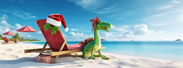 cartoon dragon in a red New Year's hat meets Christmas at sea