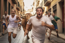 Runners In Encierro, Running Of Bulls In Pamplona, Spain. Bull Running In Pamplona. Traditional San Fermin Festival Where Participants Run Ahead Of Charging Bulls Through The Streets To Bullring